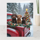 Portuguese Water Dog Christmas Red Truck Holiday カード (正面)