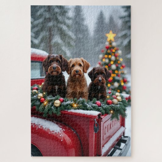 Portuguese Water Dog Christmas Red Truck Holiday ジグソーパズル (縦)