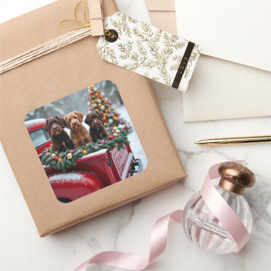 Portuguese Water Dog Christmas Red Truck Holiday スクエアシール (ギフト)