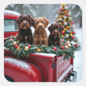 Portuguese Water Dog Christmas Red Truck Holiday スクエアシール (正面)
