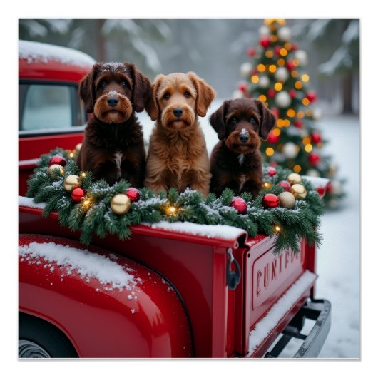 Portuguese Water Dog Christmas Red Truck Holiday ポスター (正面)