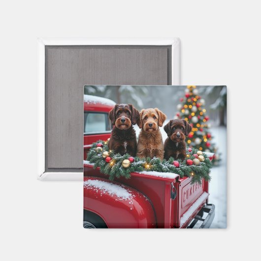Portuguese Water Dog Christmas Red Truck Holiday マグネット (正面/裏面)