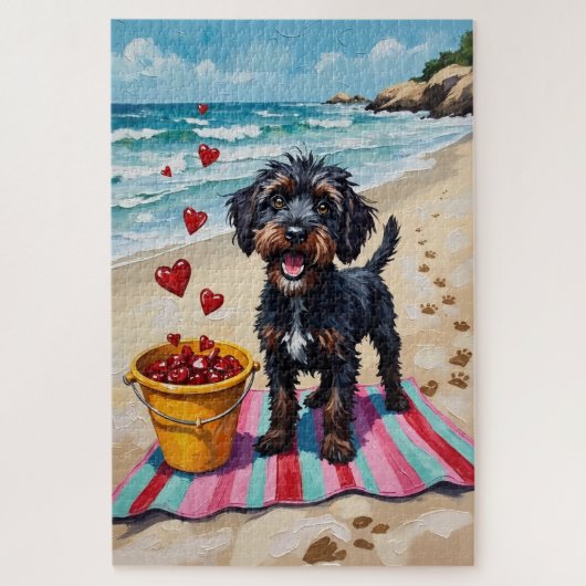 Portuguese Water Dog Valentine's Day Beach Hearts ジグソーパズル (縦)