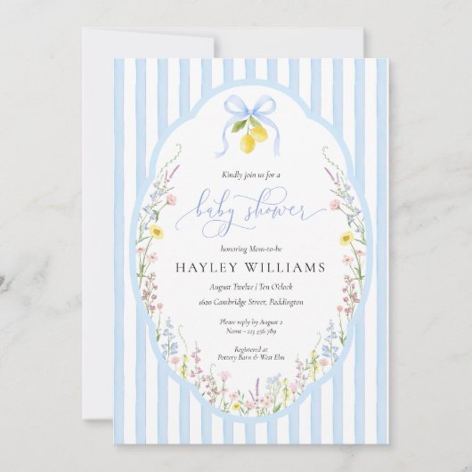 Posey Wildflower Blue Bow Baby Shower Invitation 招待状 (正面)