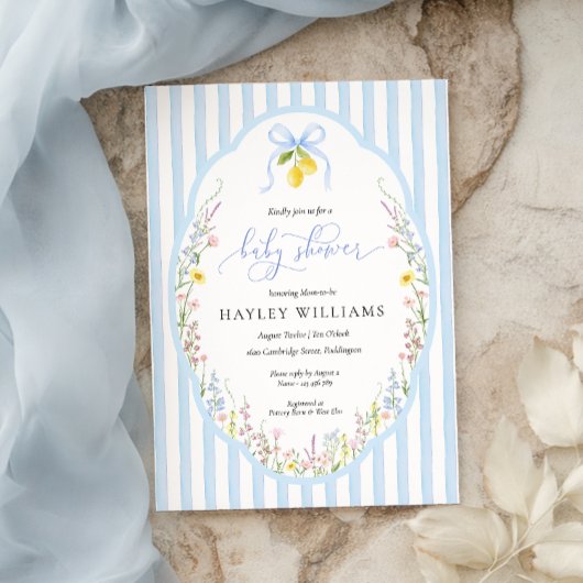 Posey Wildflower Blue Bow Baby Shower Invitation 招待状