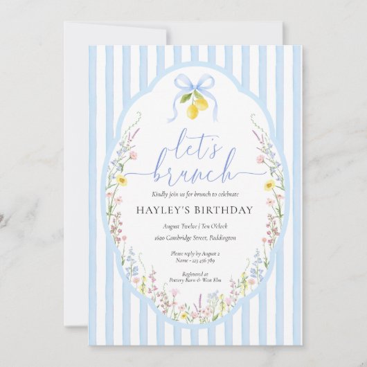 Posey Wildflower Blue Bow Birthday Brunch 招待状 (正面)