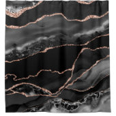 Posh Black Gray Rose Gold Marble Crystal Geode シャワーカーテン (正面)