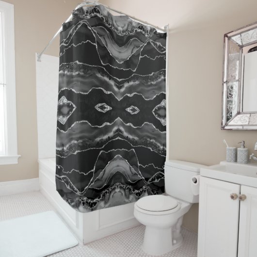 Posh Black Gray Silver Agate Marble Crystal Geode シャワーカーテン (インサイチュ)