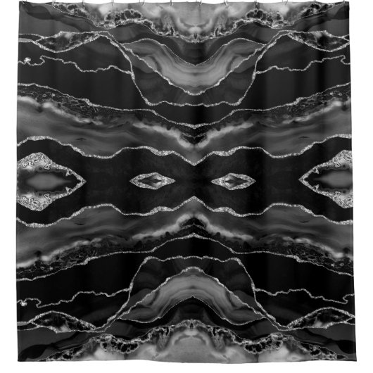 Posh Black Gray Silver Agate Marble Crystal Geode シャワーカーテン (正面)