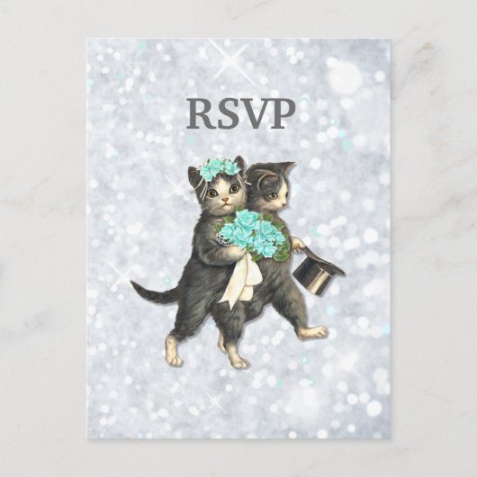 Posh Cats 結婚'Silver Sparkle RSVP インビテーションポストカード (正面)