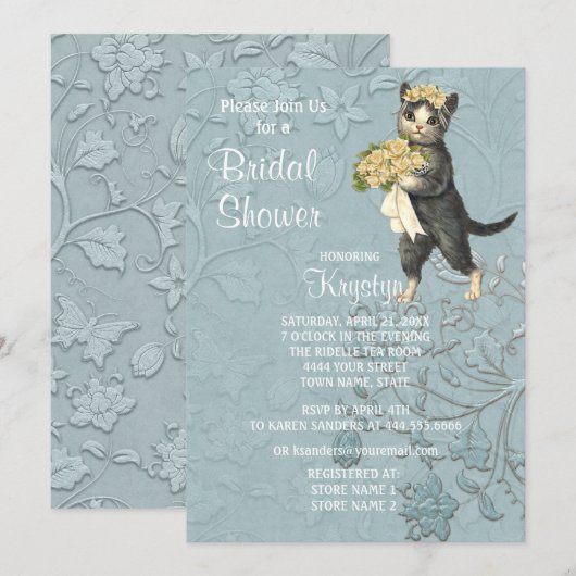 Posh Cats Blue Bridal Shower招待 招待状 (正面/裏面)