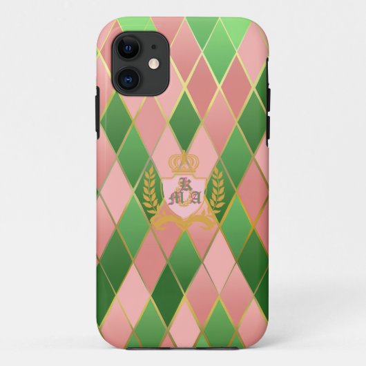 Posh Chic Pink and Green Argyle Monogrammed  Case-Mate iPhoneケース (裏面)