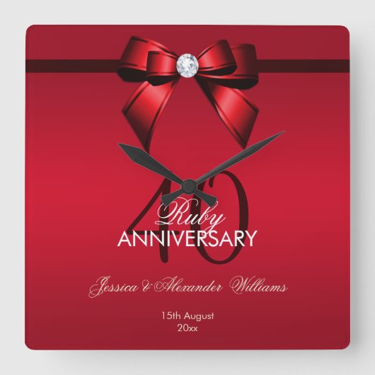 Posh Gem Bow & Ribbon 40th Wedding Anniversary スクエア壁時計 (正面)