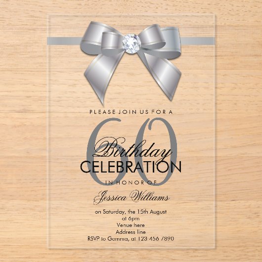Posh Gem Bow & Ribbon 60th Birthday アクリル招待状 (正面)