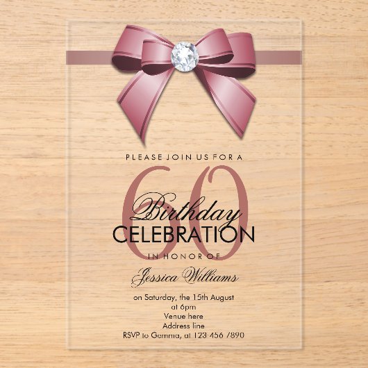 Posh Gem Bow & Ribbon 60th Birthday アクリル招待状 (正面)