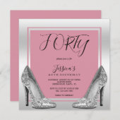 Posh Pink & Silver Stilettos 40th Birthday 招待状 (正面/裏面)