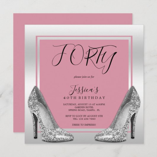 Posh Pink & Silver Stilettos 40th Birthday 招待状 (正面/裏面)