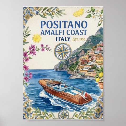 Positano Amalfi Coast Italy Vintage Travel Poster ポスター (正面)