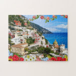 Positano Amalfi Coast Italy with flower foreground ジグソーパズル<br><div class="desc">Positano jigsaw puzzle for fans of Italy & Italian seaside views & scenery. This Italy puzzle shows Positano on the Amalfi Coast in Campania, in the Province of Salerno, Italy is captured in this beautiful travel photography shot, with a floral art collage foreground of flowers: red roses, white daisy flowers,...</div>