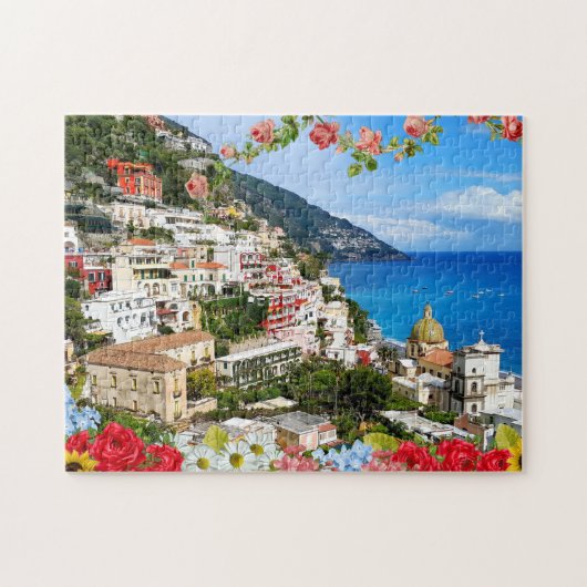 Positano Amalfi Coast Italy with flower foreground ジグソーパズル (横)