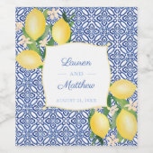 Positano Lemons Blue White Tiles Wedding Reception ワインラベル (シングルラベル)