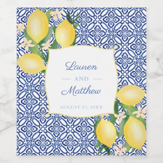 Positano Lemons Blue White Tiles Wedding Reception ワインラベル (シングルラベル)