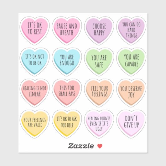 Positive Affirmations Mental Health Candy Hearts シール (シート)