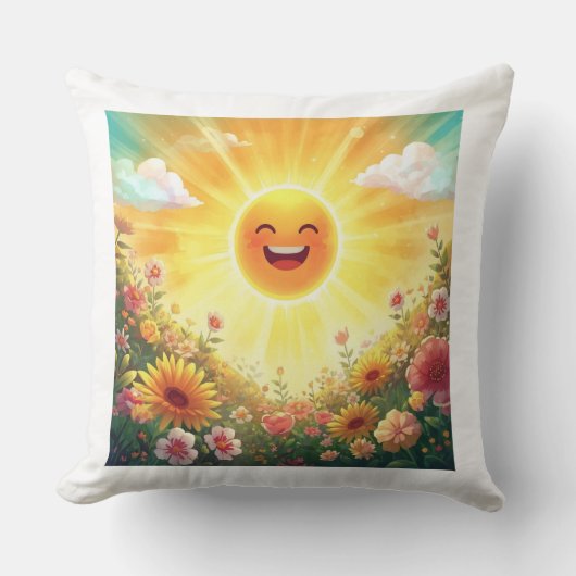 Positive Sunshine Art – Bright Happy Sun and Flowe クッション (正面)