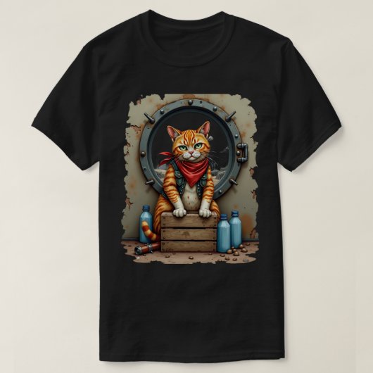 Post Apocalyptic Cat Survivor Bunker Canned Goods  Tシャツ (デザイン正面)