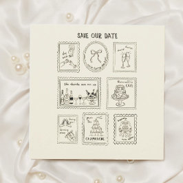 Postage Stamp Hand Drawn Save The Date Card セーブザデート