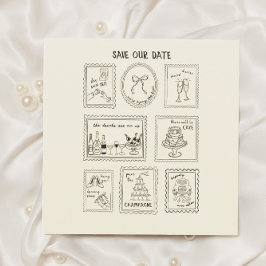 Postage Stamp Hand Drawn Save The Date Card セーブザデート