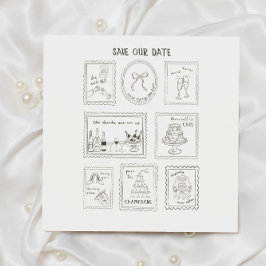 Postage Stamp Hand Drawn Save The Date Card セーブザデート