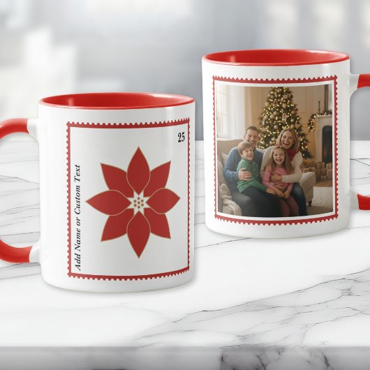 Postage Stamp Red Poinsettia Holiday Photo Mug マグカップ