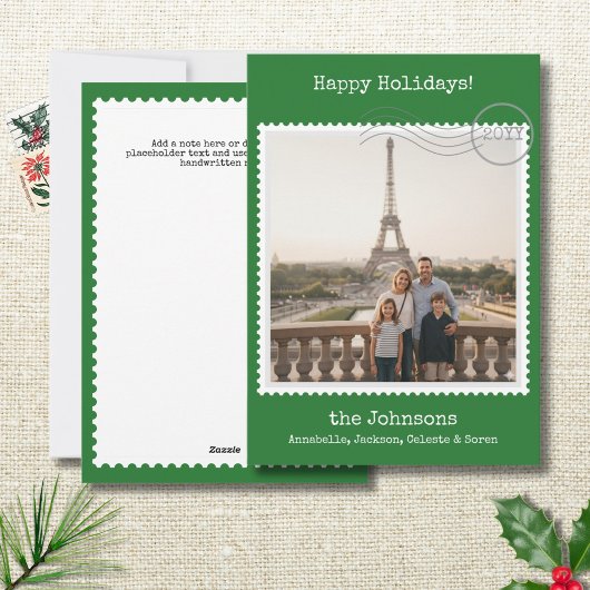 Postage Stamp Square Photo Green Holiday Card シーズンカード