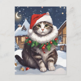 Postal Festiva Merry Christmas with a cute kitten シーズンポストカード