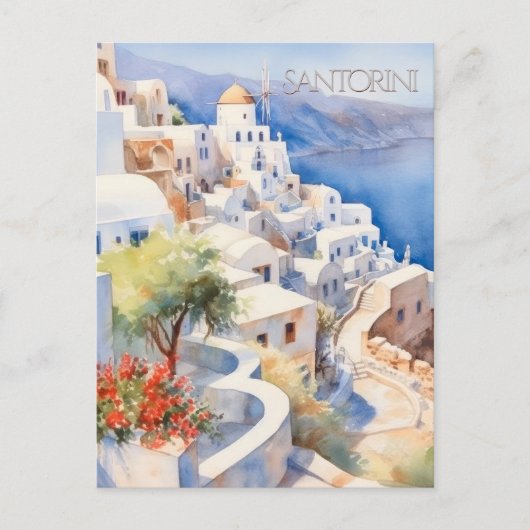 POSTCARD Beautiful Watercolor of Santorini Greece ポストカード (正面)