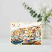 POSTCARD Colorful Watercolor Sicily Harbor Travel ポストカード (スタンド正面)