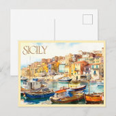 POSTCARD Colorful Watercolor Sicily Harbor Travel ポストカード (正面/裏面)