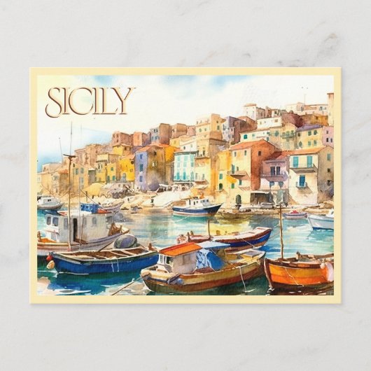 POSTCARD Colorful Watercolor Sicily Harbor Travel ポストカード (正面)