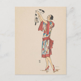 Postcard - woman and cat - French artist ポストカード