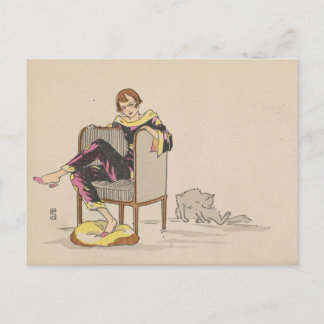 Postcard - woman and cat - French artist ポストカード