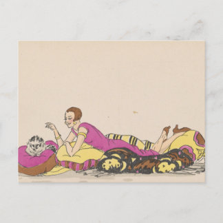 Postcard - woman and cat - French artist vintage ポストカード