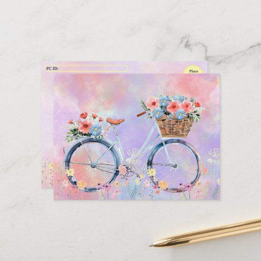Postcrossing - パステルカラーの花と自転車 シーズンポストカード (正面/裏面インサイチュ)