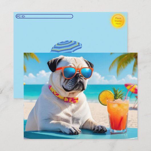 Postcrossing Pug in Paradise Postcard シーズンポストカード (正面/裏面)