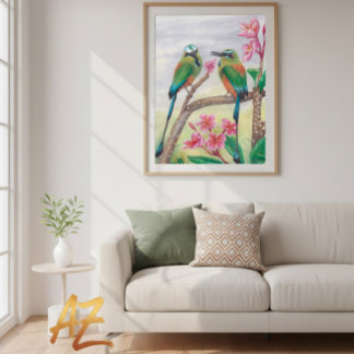 Poster Birds and rose flowers fine wall art Deco ポスター