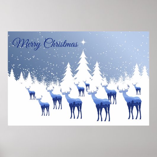 Poster-Blue Deer Winter Scene-Merry Christmas ポスター (正面)