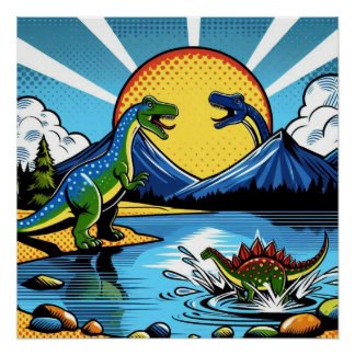 Poster con paisaje de dinosaurios ポスター