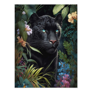 Poster de pantera negra en la selva con flores フォトプリント           