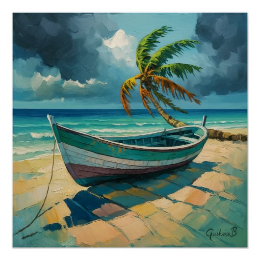 Poster Guadeloupe – Paysage tropical avec bateau e ポスター (正面)