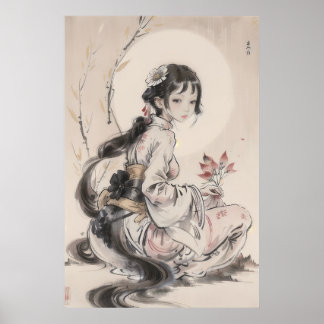Poster Gueixa e Lua - Arte Tradicional Chinesa ポスター